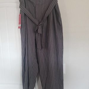NWT MPG sloan paper bag trousers with tie in front gray with white stripes